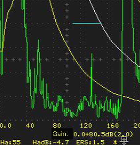 Ultrasonic testing waveform of the 180 mm 2Cr10NiMoVNb bar before normalizing: spurious echoes (clutter) concentrated around R/2, about 1.2 mm equivalent