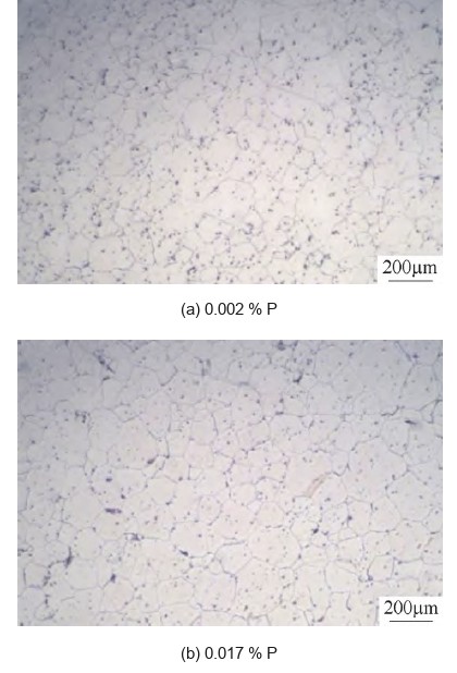 Optical micrographs of Inconel 706 after heat treatment at 0.002 and 0.017 percent phosphorus, both showing equiaxed grains of about 110 micrometres