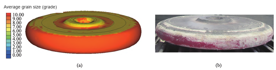 The Φ2440 mm GH4169 turbine disc: simulated grain size distribution and photograph of the actual forging