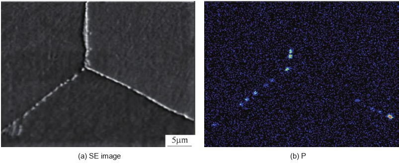 Secondary electron image of a grain boundary in Inconel 706 with phosphorus-rich particles, and the corresponding phosphorus X-ray map