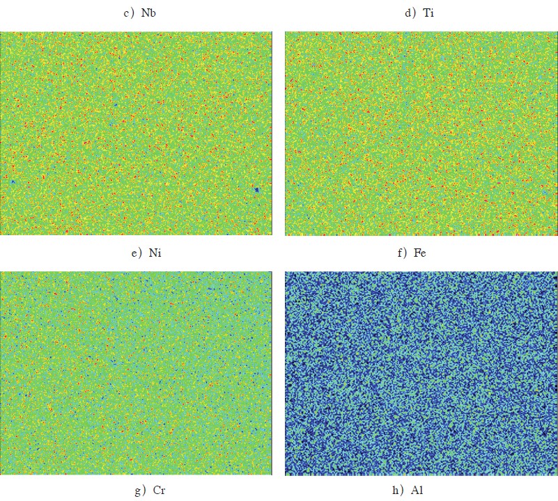 Element maps of Nb, Ti, Ni, Fe, Cr and Al in Inconel 706 containing 0.017 percent phosphorus