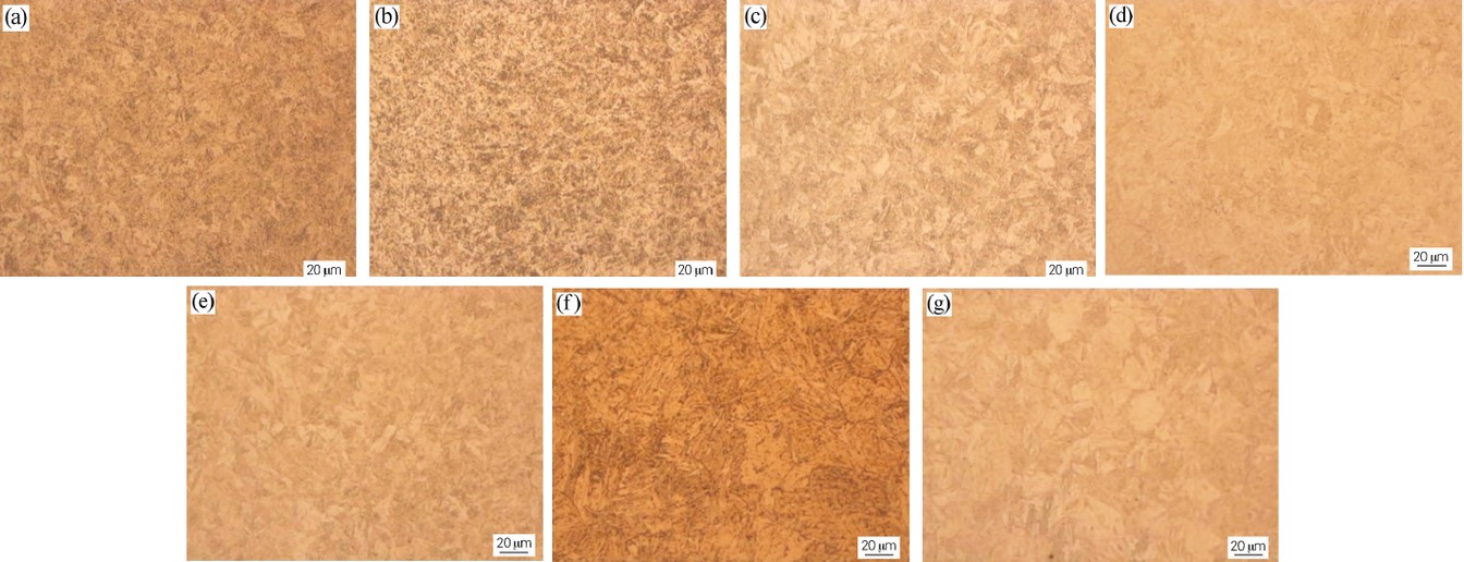 Optical micrographs a to g of 3Cr-1Mo-0.2V steel quenched from 883 to 940 C showing undissolved carbides, fine lath martensite and lath coarsening