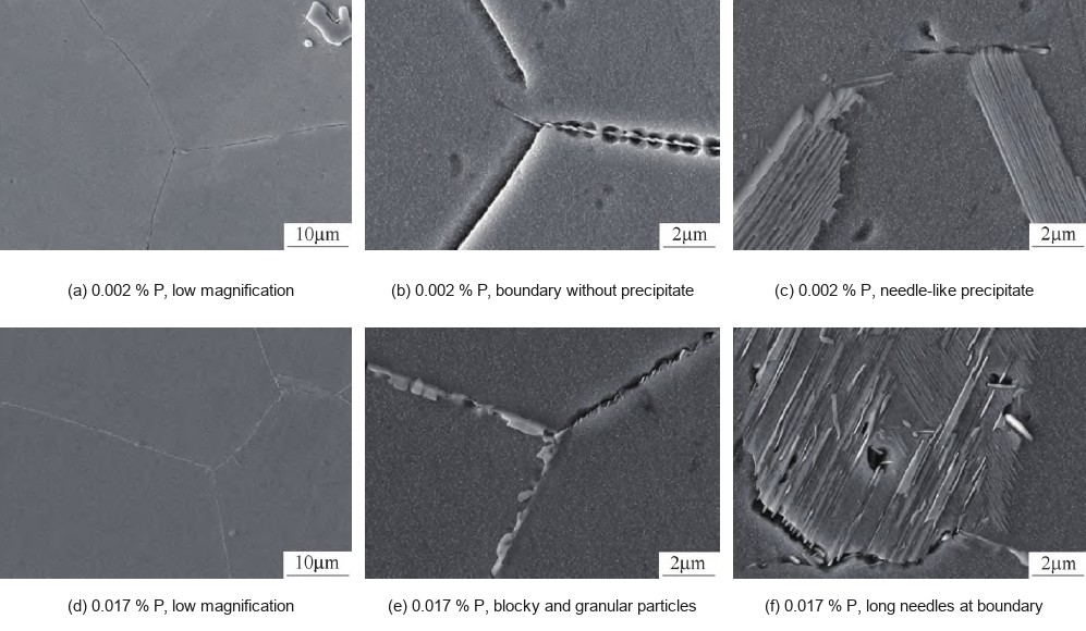 SEM images of grain boundaries in Inconel 706 at 0.002 and 0.017 percent phosphorus showing clean boundaries versus eta phase particles and needles