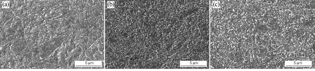 SEM images of tempered sorbite after tempering at 550, 600 and 650 C, showing carbide precipitation, homogenisation and grain boundary coarsening