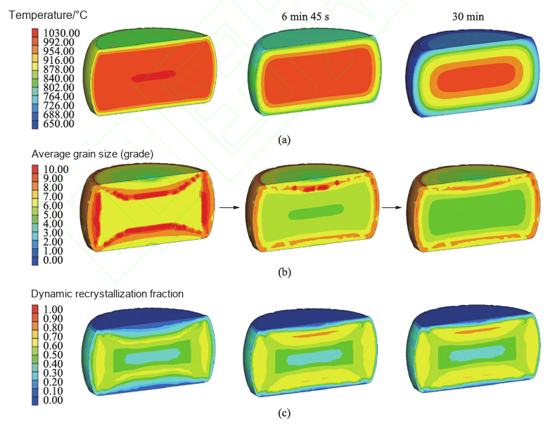Microstructure evolution during cooling after hot deformation: temperature field, average grain size and recrystallization fraction at 45 s, 6 min 45 s and 30 min