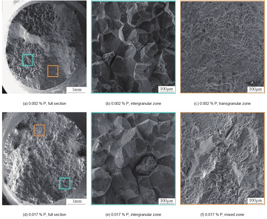 Stress-rupture fracture surfaces of Inconel 706 at 0.002 and 0.017 percent phosphorus, showing smooth intergranular facets versus dimpled intergranular facets and mixed final fracture