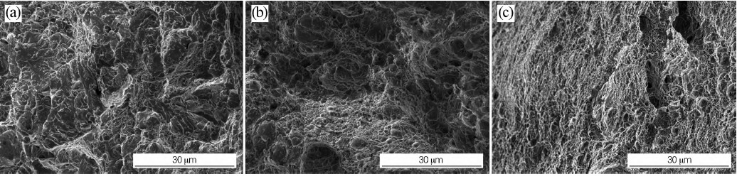 SEM fractographs of impact specimens tempered at 550, 600 and 650 C showing quasi-cleavage with shallow dimples, then fully dimpled ductile fracture