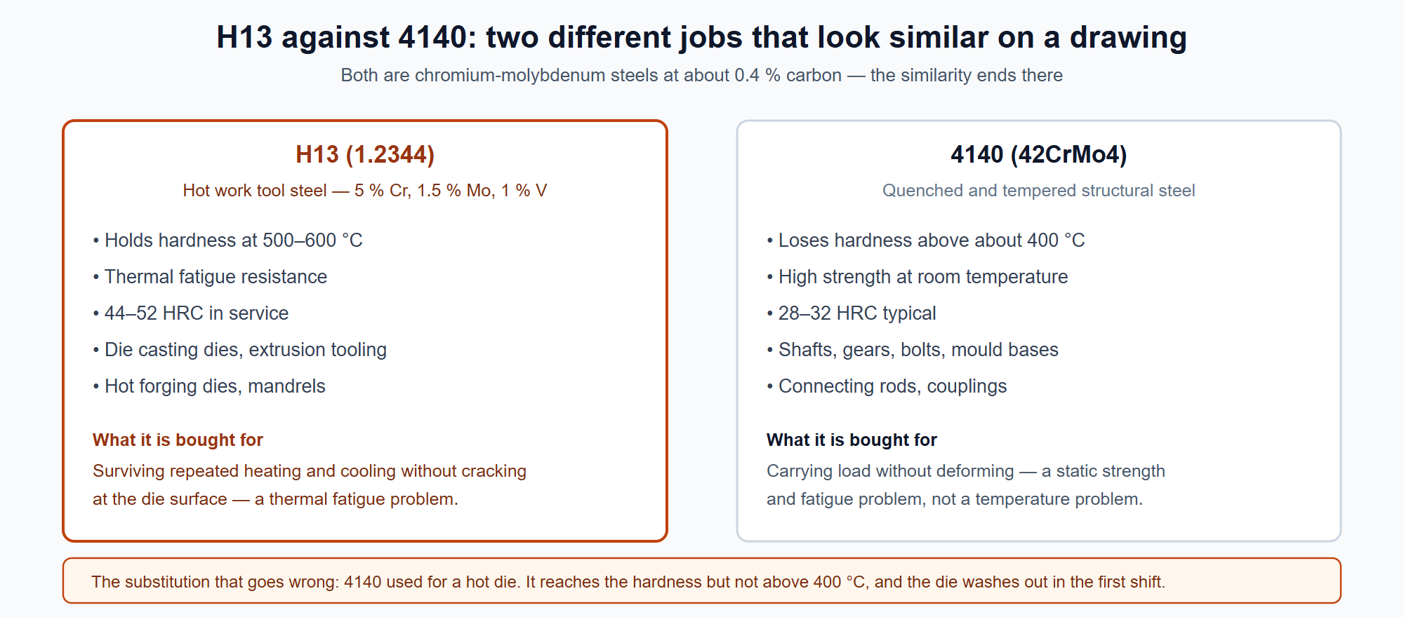 H13 and 4140 &mdash; a hot work tool steel against a quenched and tempered structural steel.